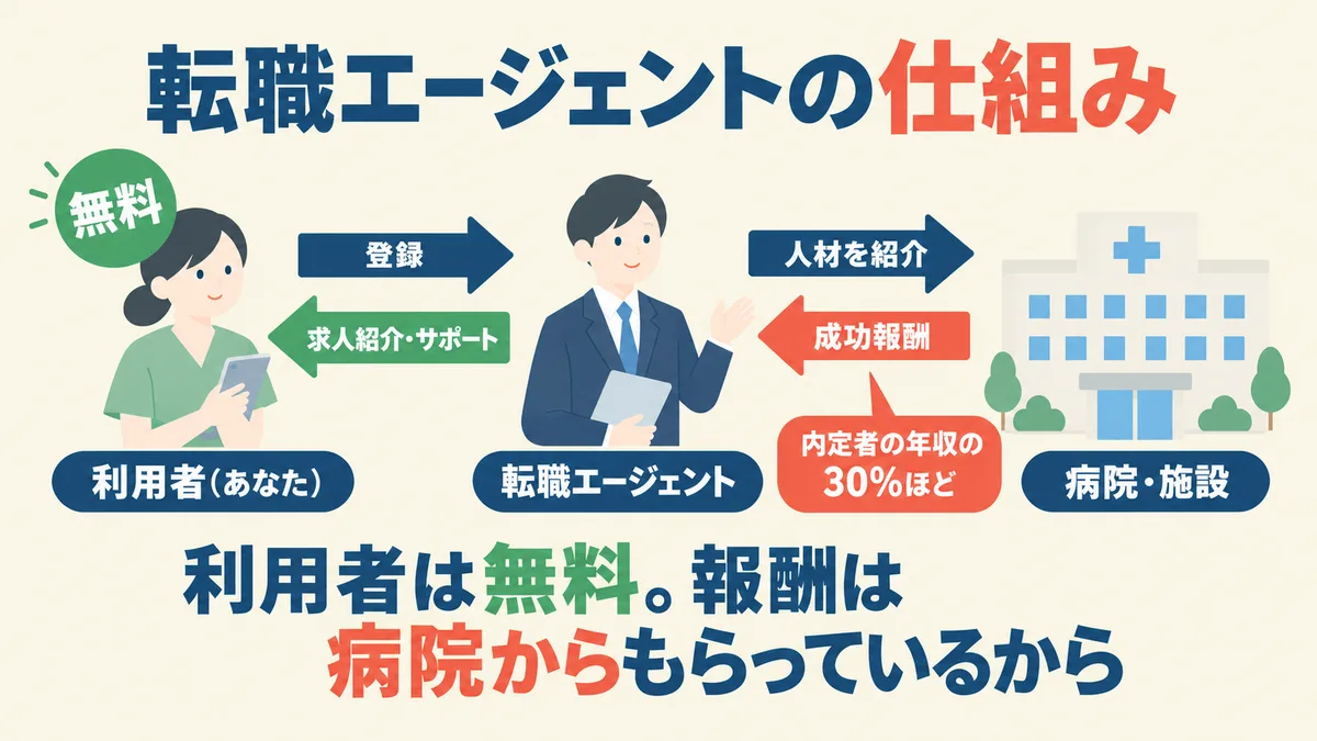 転職エージェントの仕組み：利用者（あなた）→登録→転職エージェント→人材を紹介→病院・施設。エージェント→利用者へ求人紹介・サポート、病院→エージェントへ成功報酬（内定者の年収の30%ほど）。利用者は無料。報酬は病院からもらっているから