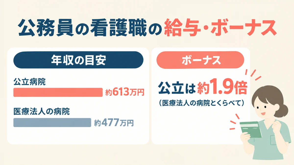 公務員の看護職の給与・ボーナス。年収の目安は公立病院約613万円・医療法人の病院約477万円