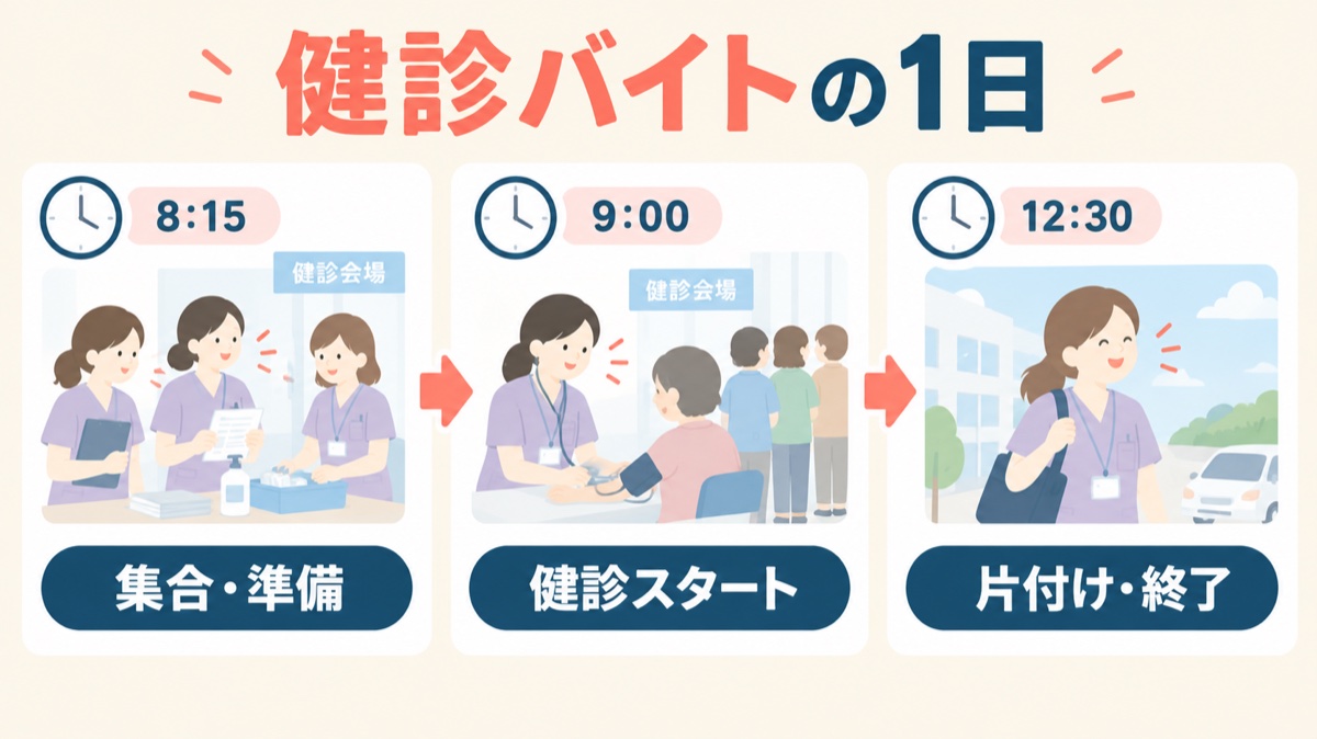健診バイトの1日の例：集合・準備→健診スタート→片付け・終了