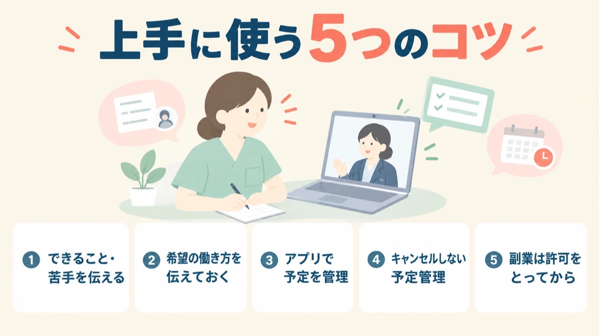 MCナースネットを上手に使う5つのコツ：できること・苦手を伝える、希望の働き方を伝えておく、アプリで予定を管理、キャンセルしない予定管理、副業は許可をとってから