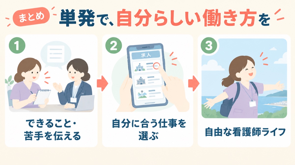 まとめ：できること・苦手を伝える→自分に合う仕事を選ぶ→自由な看護師ライフ
