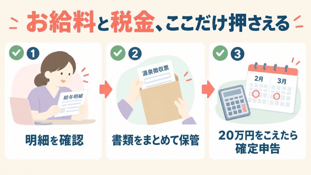 お給料と税金で押さえること：明細を確認・書類をまとめて保管・20万円をこえたら確定申告