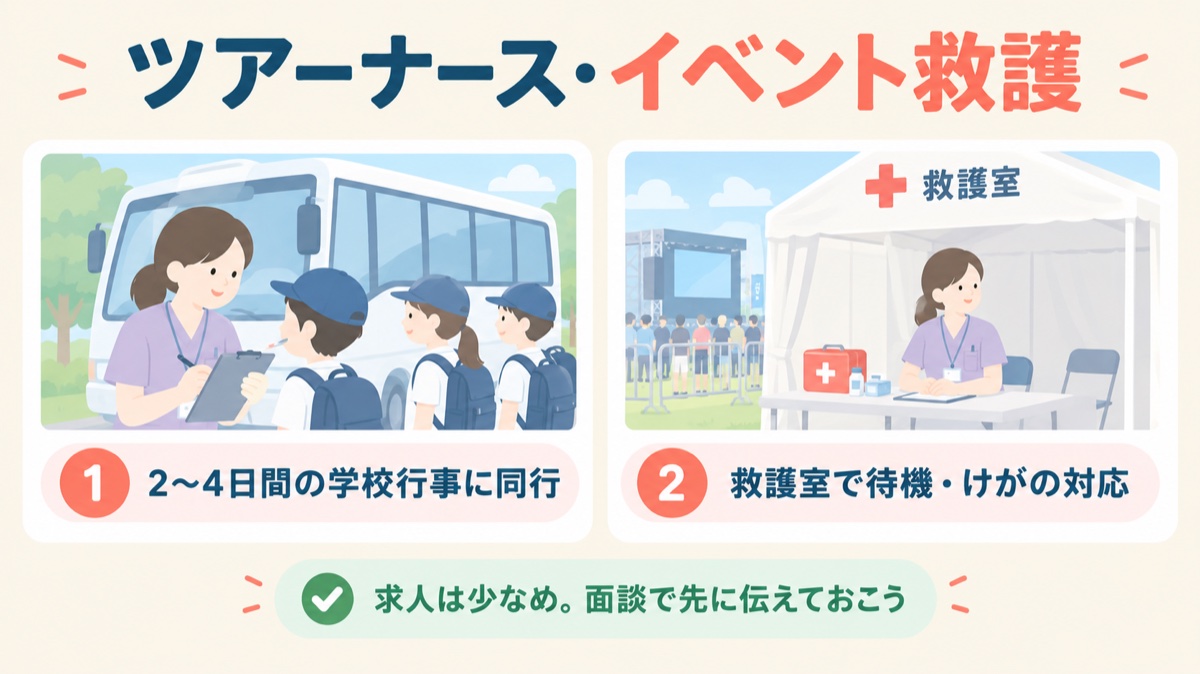 ツアーナースは2〜4日間の学校行事に同行、イベント救護は救護室で待機・けがの対応。求人は少なめなので面談で先に伝えておこう