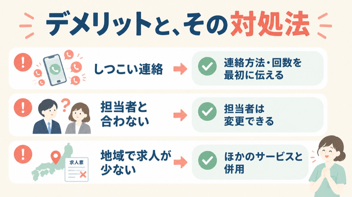 デメリットと対処法：しつこい連絡は連絡方法・回数を最初に伝える、担当者と合わないときは変更できる、地域で求人が少ないときはほかのサービスと併用