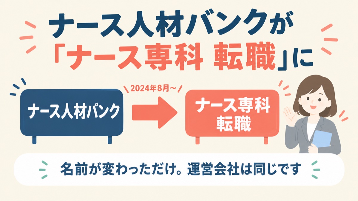 ナース人材バンクは2024年8月から「ナース専科 転職」に名前が変わりました。名前が変わっただけで、運営会社は同じです