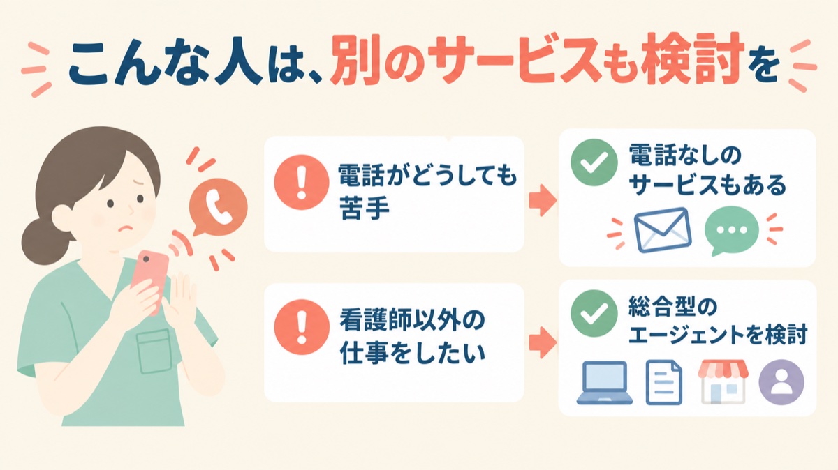 電話がどうしても苦手な人は電話なしのサービス、看護師以外の仕事をしたい人は総合型のエージェントを検討