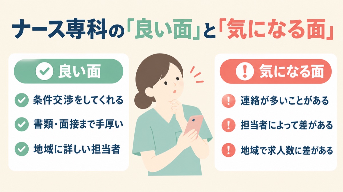 ナース専科の良い面は、条件交渉をしてくれる・書類や面接まで手厚い・地域に詳しい担当者。気になる面は、連絡が多いことがある・担当者によって差がある・地域で求人数に差がある